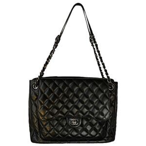 Chanel Lambskin Quilted Front Flap Tote Handbag Black